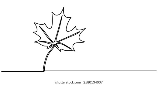 Maple Leaf, Canada Day Continuous Line Drawing with Editable Stroke, Autumn leaf continuous one, A single line drawing of an maple leaf. Continuous line thanksgiving icon in color. One line icon. 