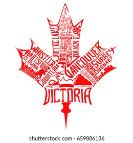 Maple leaf of Canada - design dedicated to British Columbia with the names of it's cities and parks.