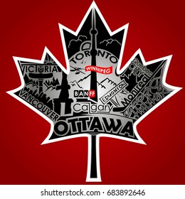 Maple Leaf of Canada lettering design with dark-red background and silver leaf with the names of the most popular cities of Canada.
