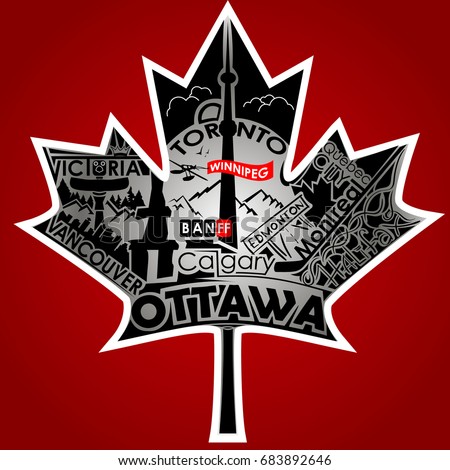 Maple Leaf of Canada lettering design with dark-red background and silver leaf with the names of the most popular cities of Canada.
