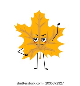 Maple leaf character with emotions of a hero, a brave face, arms and legs. Cheerful forest plant in autumn yellow colour