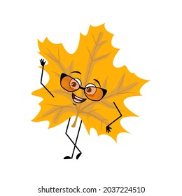 Maple leaf character with glasses and joyful emotions, smile face, happy eyes, arms and legs. Cheerful forest plant in autumn yellow colour