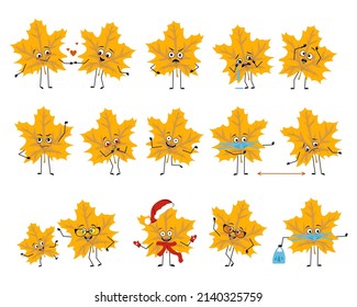 Maple leaf character with happy or sad emotions, panic, loving or brave face, hands and legs. Cheerful forest plant in autumn yellow colour person with mask, glasses or hat. Vector flat illustration