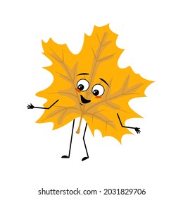 Maple leaf character with joyful emotions, smile face, happy eyes, arms and legs. Cheerful forest plant in autumn yellow colour