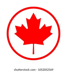 Maple leaf in the circle icon. Quality production sign isolated on white background. Red maple leaf as Canada symbol. vector illustration