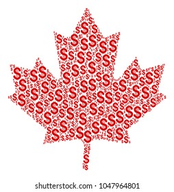 Maple Leaf collage of dollar symbols. Vector dollar symbols are combined into maple leaf mosaic.