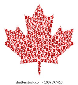 Maple leaf collage of dollars and round dots. Vector money icons are combined into maple leaf mosaic.