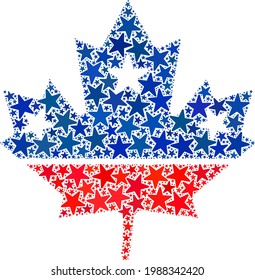 Maple leaf collage of stars in variable sizes and color tinges. Maple leaf illustration uses American official blue and red colors of Democratic and Republican political parties, and star parts.