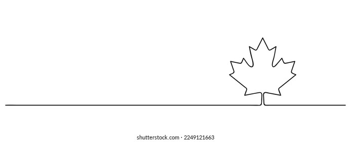 maple leaf continuous one line drawing, single canada symbol lineart, black line vector illustration, horizontal design element