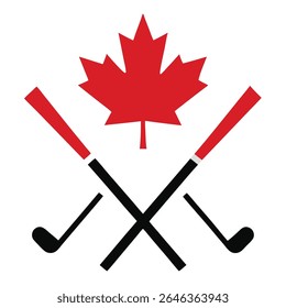 Maple leaf with crossed golf clubs isolated on white background