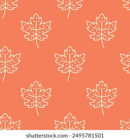 Maple Leaf Doodle Seamless Pattern. Simple Hand drawn Red background with Autumn and Fall symbol. Cozy seasonal foliage texture. Repeat vector illustration