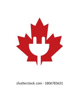 Hoja de arce con diseño de logotipo vectorial del cable de alimentación eléctrica. El concepto de logotipo eléctrico de Canadá.