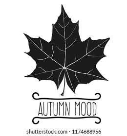 Maple Leaf. Engraving. Black on white. With streaks. With the inscription: autumn mood