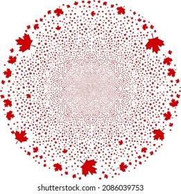Maple leaf explosion spheric cluster. Object pattern is done from scattered maple leaf symbols as exploding spheric cluster. Abstract spheric cluster mosaic is combined from maple leaf icons.