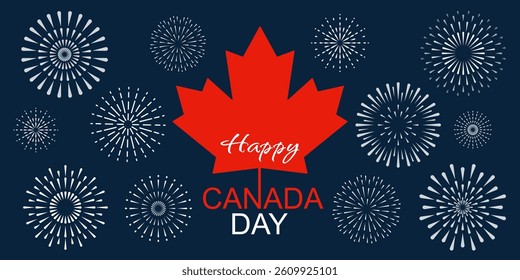 Maple leaf with firework horizontal banner for celebrate national independence Day of Canada. Happy Canada Day blue background with Canada maple leaf, fireworks