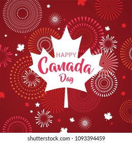 Maple leaf with firework poster for celebrate the national day of Canada. Happy Canada Day card. Canada flag, fireworks, red maple leaf. vector illustration