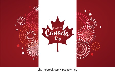 Maple leaf with firework poster for celebrate the national day of Canada. Happy Canada Day card. Canada flag, fireworks, red maple leaf. vector illustration