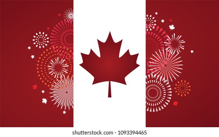 Maple leaf with firework poster for celebrate the national day of Canada. Happy Canada Day card. Canada flag, fireworks, red maple leaf. vector illustration