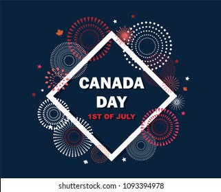 Maple leaf with firework poster for celebrate the national day of Canada. Happy Canada Day card. Canada flag, fireworks, red maple leaf. vector illustration