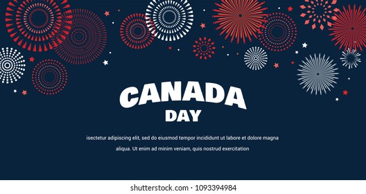 Maple leaf with firework poster for celebrate the national day of Canada. Happy Canada Day card. Canada flag, fireworks, red maple leaf. vector illustration