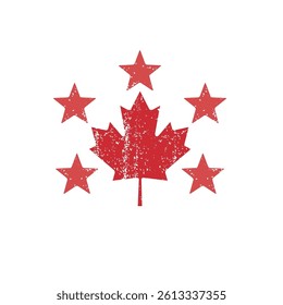 Maple leaf and five stars. Canadian product, service. Vector illustration isolated on white background.