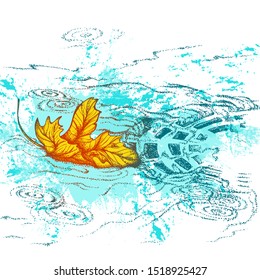 Maple Leaf floating in the drain in rainy weather. Vector hand drawn illustration. Color illustration design for print, poster.