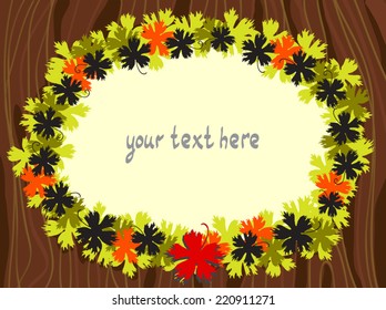 Maple leaf frame on wooden textured background. Autumn Floral frame. Yellow and black foliage. Vector illustration.  Place for your text, greeting, invitation, price, note.