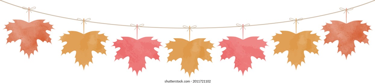 Maple Leaf Garland In Orange And Red Colors For Autumn Seasson, Vector Isolated On White Background, Watercolor Effect