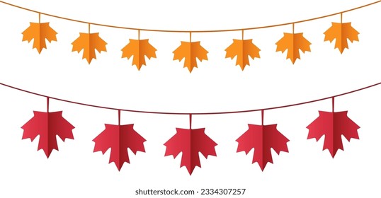 Maple leaf garland in orange and red colors for autumn seasson, vector isolated on white background, paper cut effect