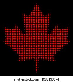 Maple leaf halftone vector icon. Illustration style is dot iconic maple leaf symbol on a black background. Halftone structure is made of round cells.