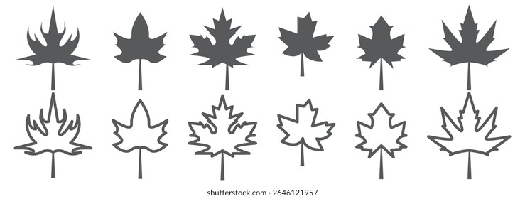 Maple leaf icon Flat set in black and white color outline vector 