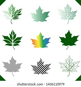 Maple leaf icon in green with lgbt for gay rainbow flag set of leaves grouped