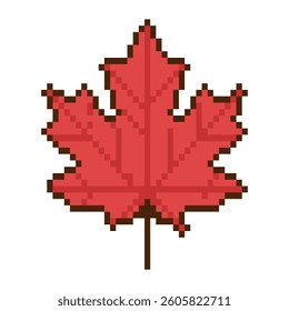 Maple leaf icon. Pixel art object in 8 bit style. Isolated vector illustration