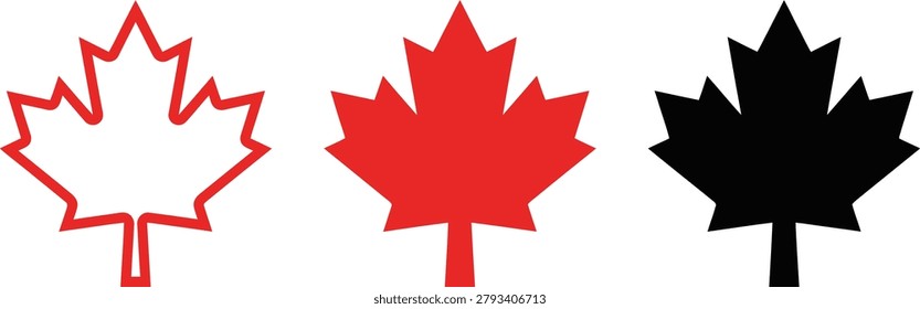 Maple leaf icon set in three variations including outlined red and black solid designs isolated on transparent background representing canadian national symbol vector illustration. Nature flora motif graphic element for Canada day national identity patriotism and seasonal autumn theme design.