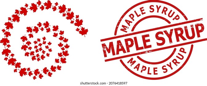 Maple Leaf Icon Spiral Compositionwith Maple Syrup Unclean Seal. Maple Leaf Symbols Are Arranged Into Twirl Design Concept. Red Seal Has Maple Syrup Caption Inside Circle Shape.