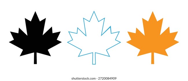 Iconos de hoja de arce en colores negro, azul y naranja para Canadá