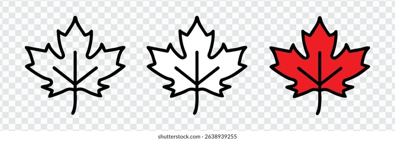 Maple Leaf Icons Set Outline and Red Color	
