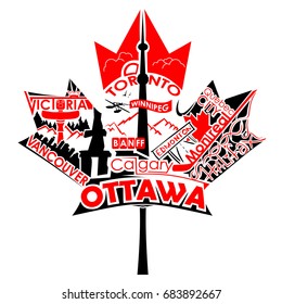 Maple leaf lettering design with the names of the biggest cities of Canada and traditional symbols of this country in red and black colors