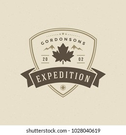 Maple leaf logo emblem vector illustration. Outdoor adventure leisure, silhouette shirt, print stamp. Vintage typography badge design.