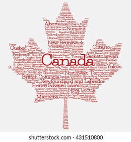 Maple leaf mad of cities and states of Canada in vector format. Can you find your hometown?