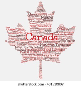 Maple leaf mad of cities and states of Canada in vector format. Can you find your hometown?
