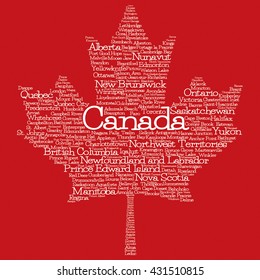 Maple leaf mad of cities and states of Canada in vector format. Can you find your hometown?