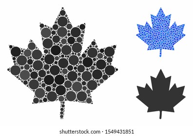 Maple leaf mosaic of round dots in variable sizes and color hues, based on maple leaf icon. Vector round dots are composed into blue collage. Dotted maple leaf icon in usual and blue versions.