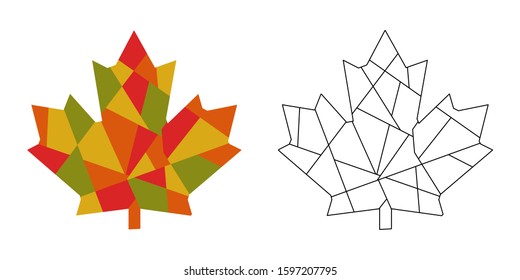 Maple leaf - mosaic set 2 in 1. Isolate leaves from pieces of triangles, polygons and outline option. Autumn colors - red, green, yellow, orange. Icon or element for compositions, Canadian themes.