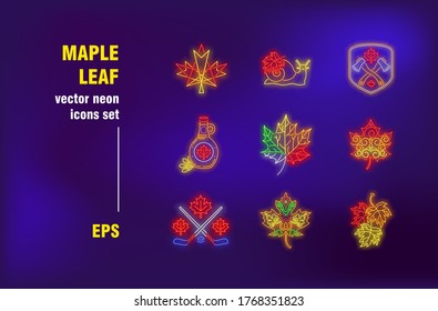 Maple leaf neon signs set. Forest, Canada, hockey and autumn. Vector illustrations for luminous billboards. Country and national symbols concept