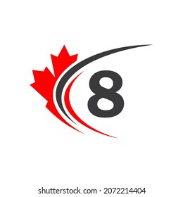 Maple Leaf On Letter 8 Logo Design Template. Canadian Business Logo, Company And Sign On Red Maple Leaf With 8 Letter Vector