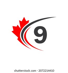 Maple Leaf On Letter 9 Logo Design Template. Canadian Business Logo, Company And Sign On Red Maple Leaf With 9 Letter Vector