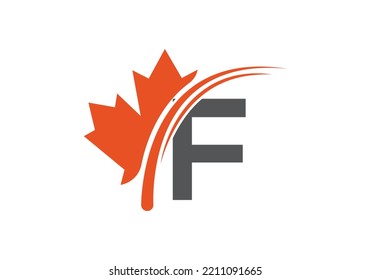 Ahornblatt auf Buchstabe F Logo-Design-Vorlage. Kanadisches Firmenlogo, Geschäftszeichen und Firmenidentität.
