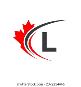 Plantilla De Diseño De Logotipo De Hoja De Maple En Letra L. Logotipo Comercial Canadiense, Compañía Y Firma En Hoja De Maple Rojo Con Vector De Letra L