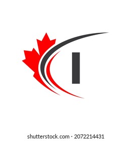 Plantilla De Diseño De Logotipo De Hoja De Maple En Letra I. Logotipo Comercial Canadiense, Compañía Y Firma En Hoja De Maple Rojo Con Vector De Letra I